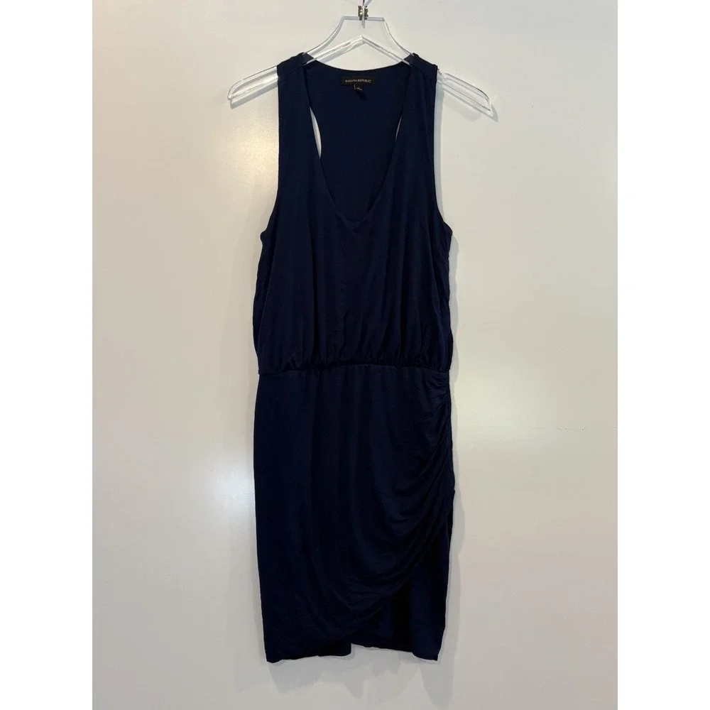 Banana Republic Navy Blue V-Neck Ruched Tulip Hem Sleeveless Sheath Dress Medium